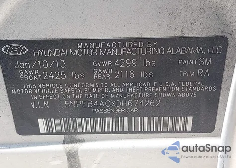 2013 Hyundai Sonata Gls из США, поврежденный, VIN 5NPEB4ACXDH674262